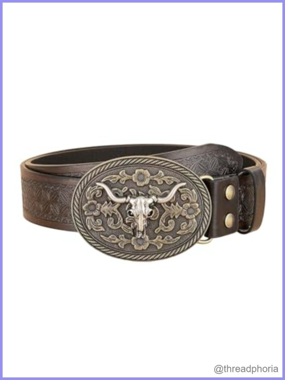 Faux Leather Western Belt Floral Carved Metal Buckle